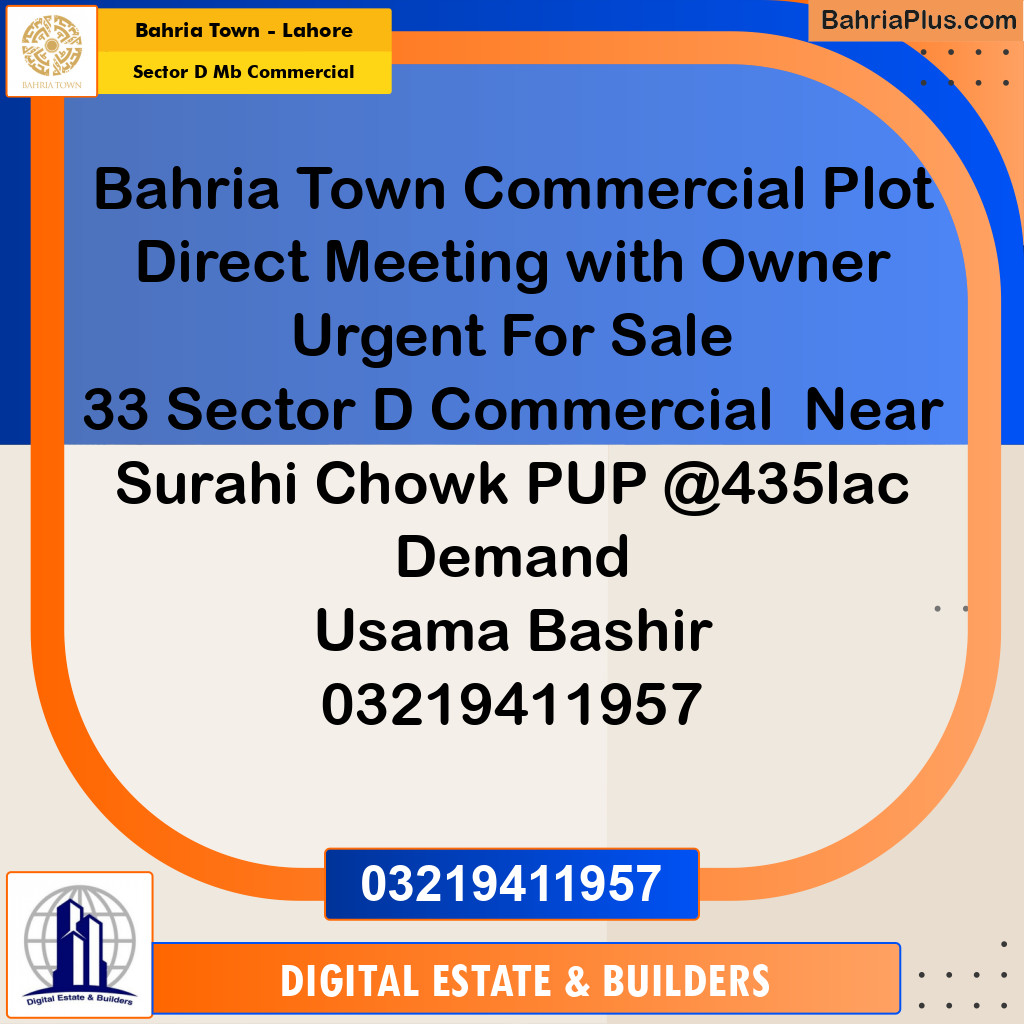 Commercial Plot for Sale in Sector D MB Commercial - Bahria Town, Lahore - (BP-182863)