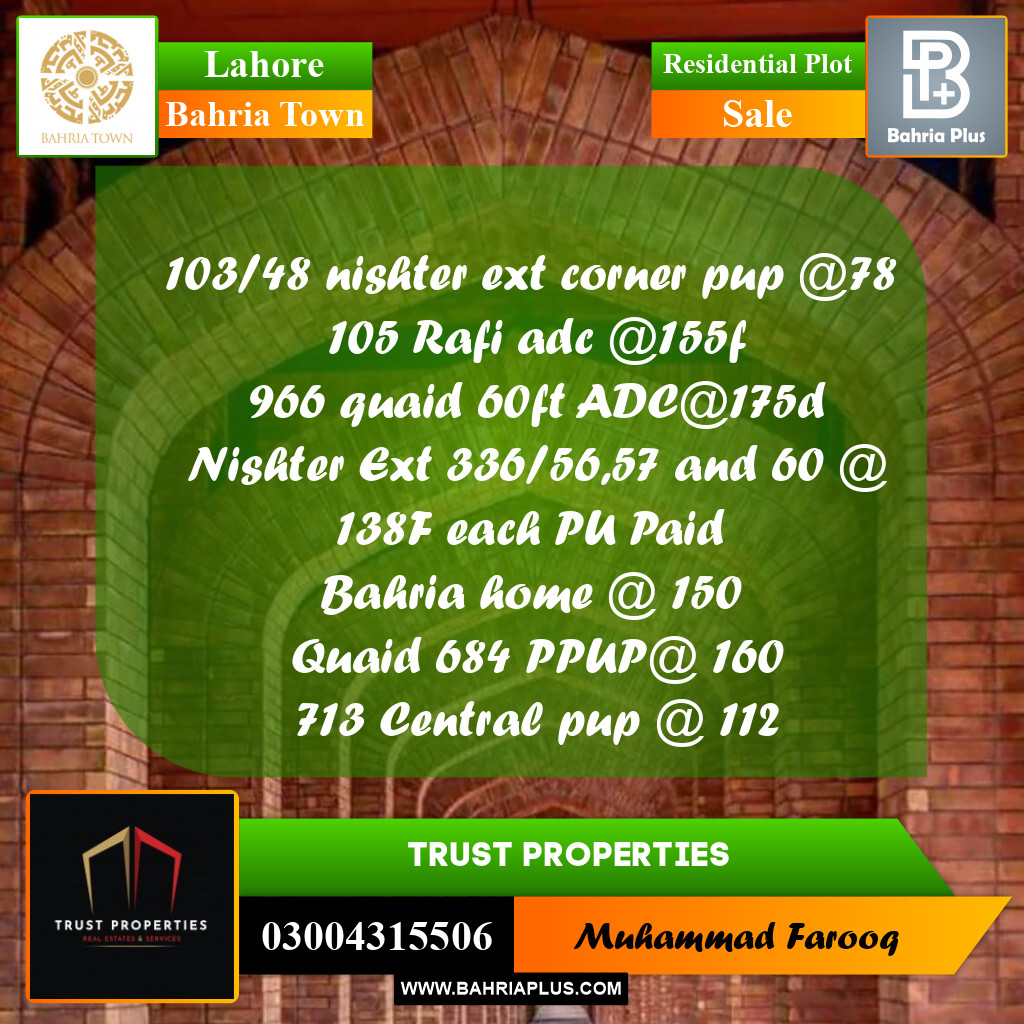 Residential Plot for Sale in Bahria Town, Lahore - (BP-182882)