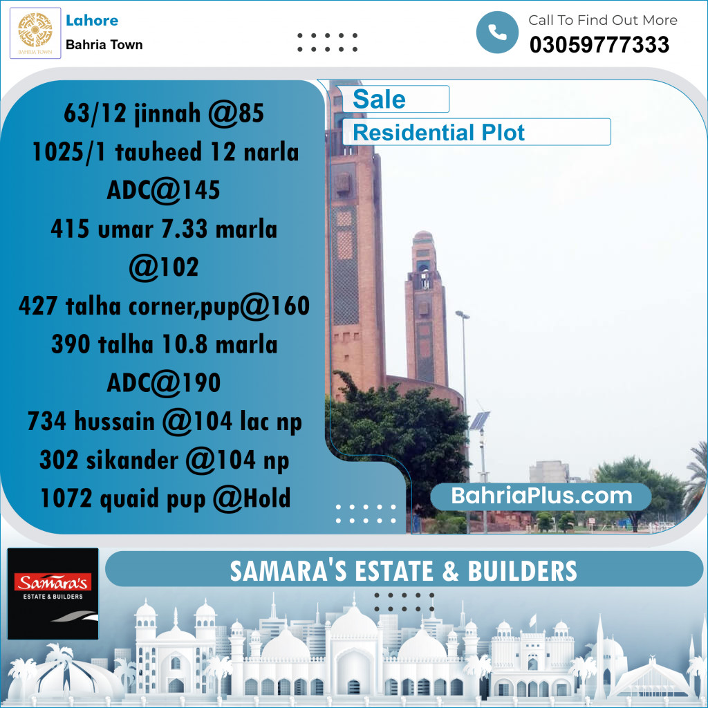 Residential Plot for Sale in Bahria Town, Lahore - (BP-182939)