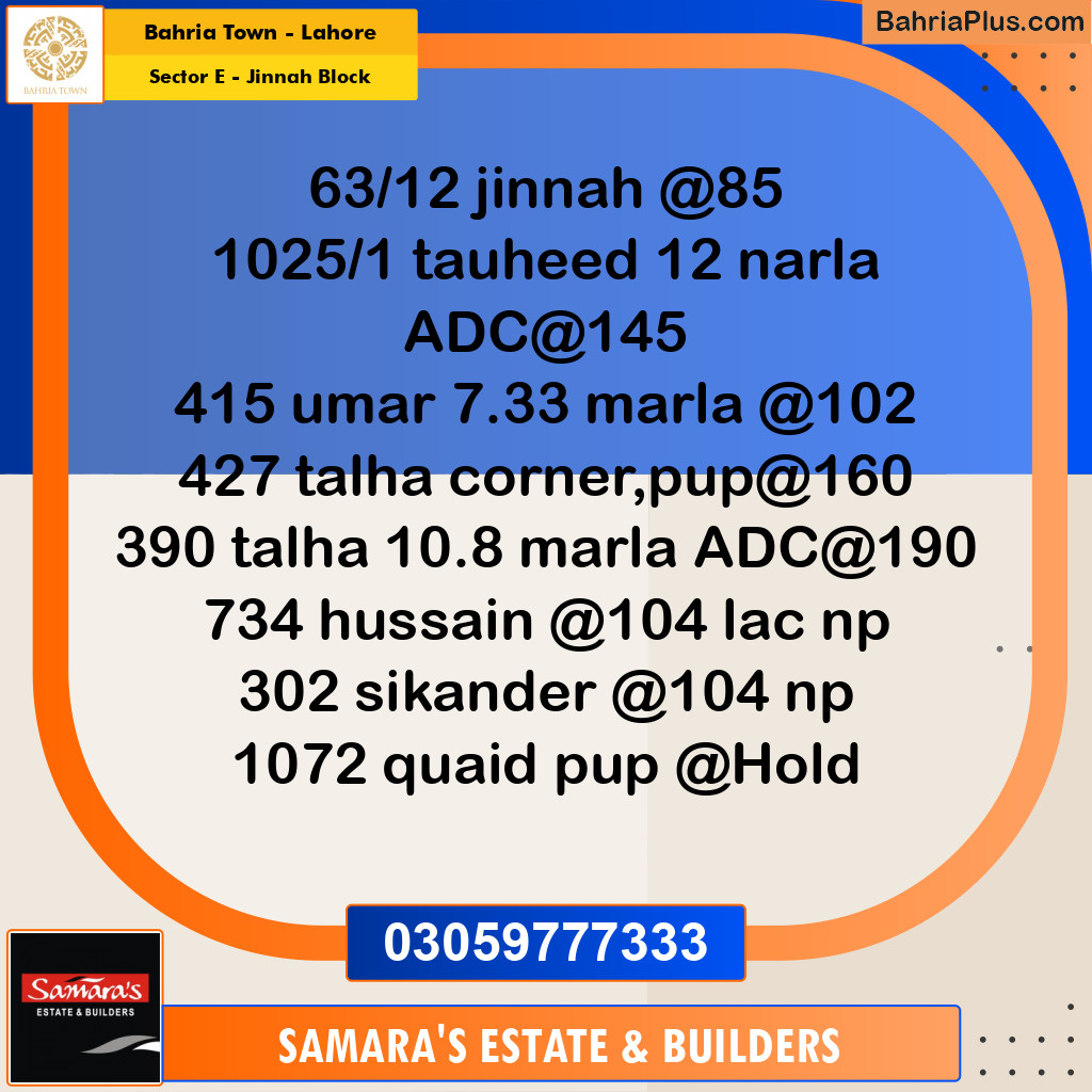 Residential Plot for Sale in Sector E - Jinnah Block -  Bahria Town, Lahore - (BP-183341)