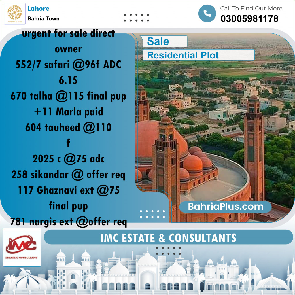 Residential Plot for Sale in Bahria Town, Lahore - (BP-183731)