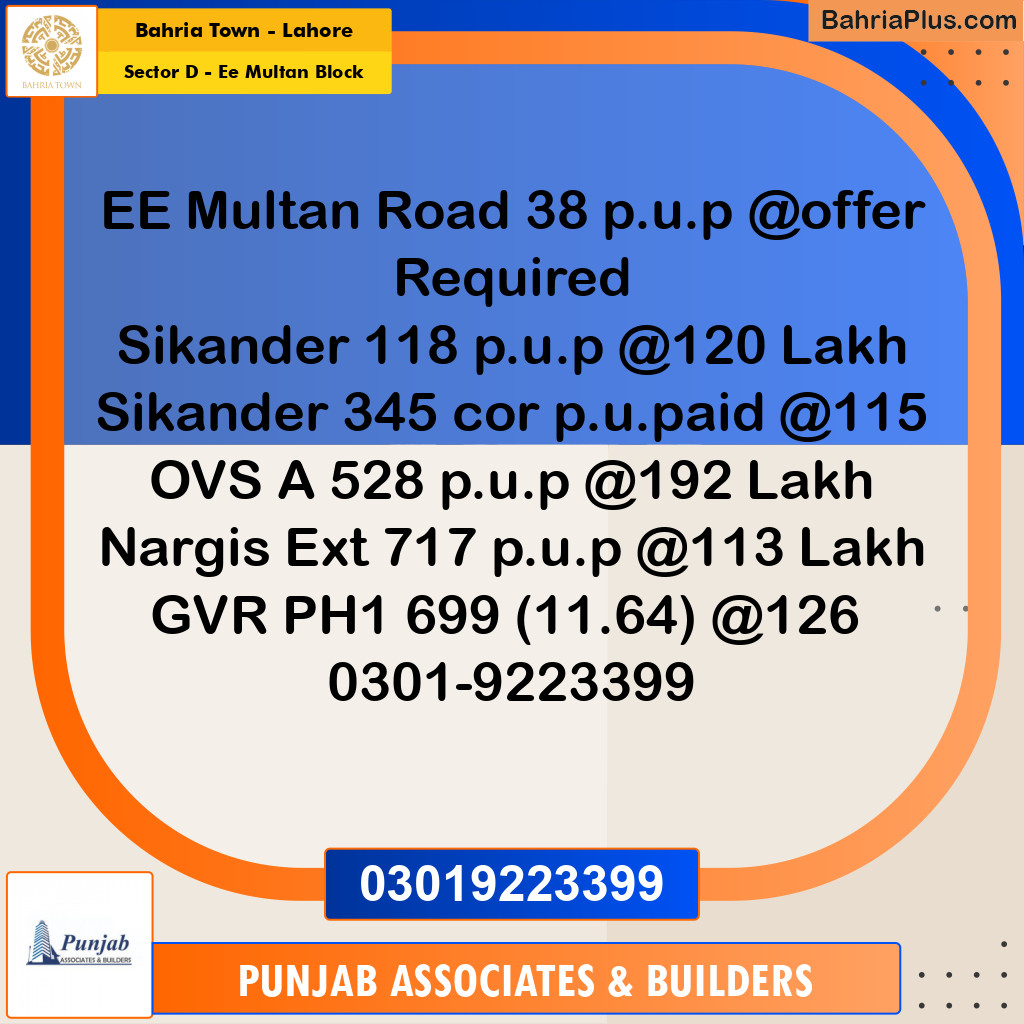 Residential Plot for Sale in Sector D - EE Multan Block -  Bahria Town, Lahore - (BP-183839)