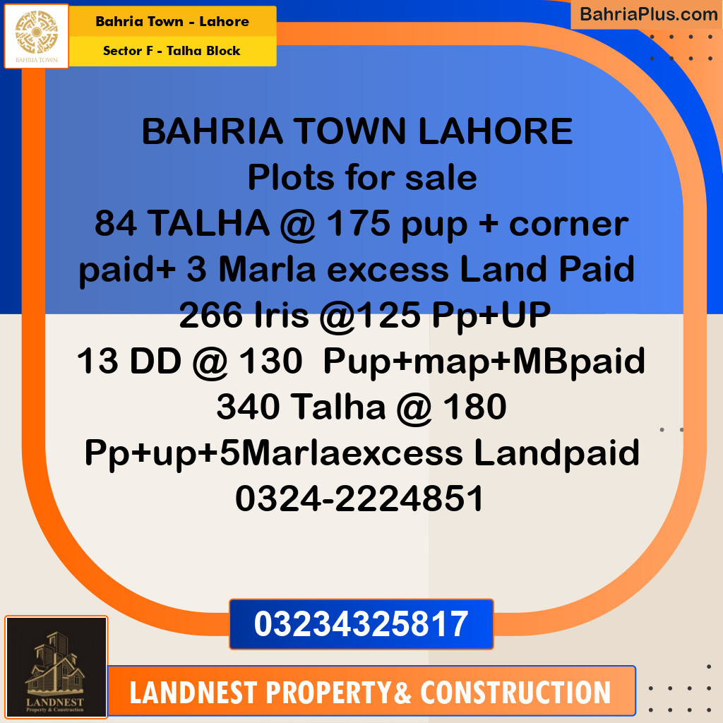 Residential Plot for Sale in Sector F - Talha Block - Bahria Town, Lahore - (BP-184014)