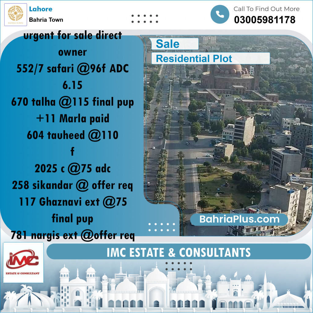 Residential Plot for Sale in Bahria Town, Lahore - (BP-184917)
