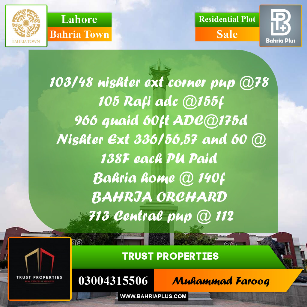 Residential Plot for Sale in Bahria Town, Lahore - (BP-184971)