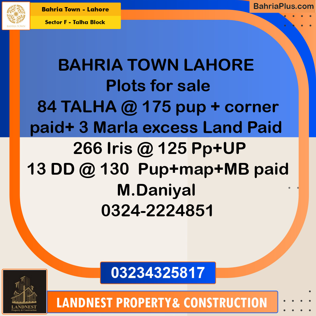 Residential Plot for Sale in Sector F - Talha Block -  Bahria Town, Lahore - (BP-185070)