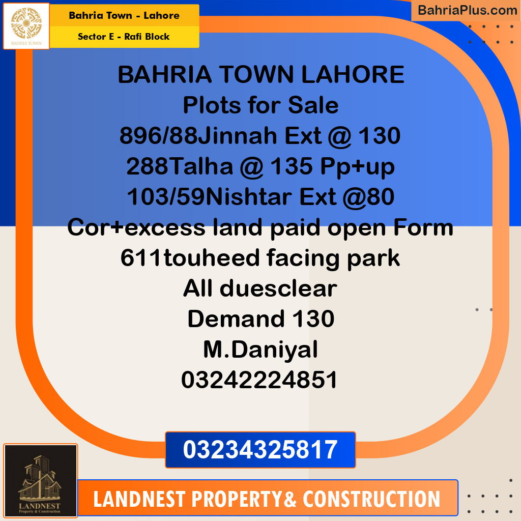Residential Plot for Sale in Sector E - Rafi Block -  Bahria Town, Lahore - (BP-185078)