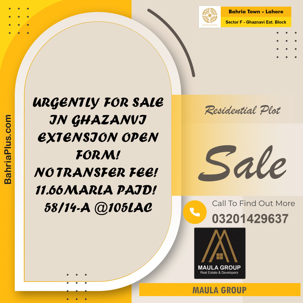 Residential Plot for Sale in Sector F - Ghaznavi Ext. Block - Bahria Town, Lahore - (BP-185123)