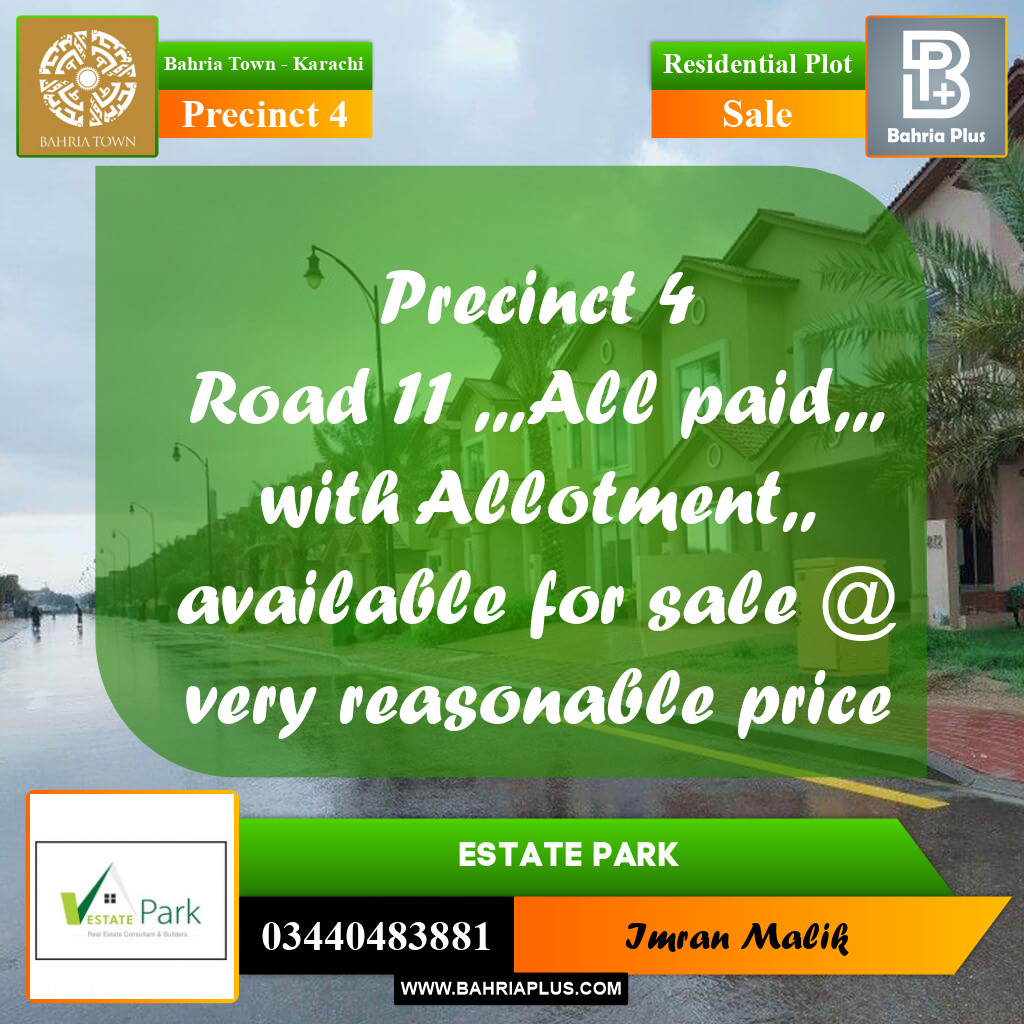 500 Sq. Yards Residential Plot for Sale in Precinct 4 -  Bahria Town, Karachi - (BP-186141)