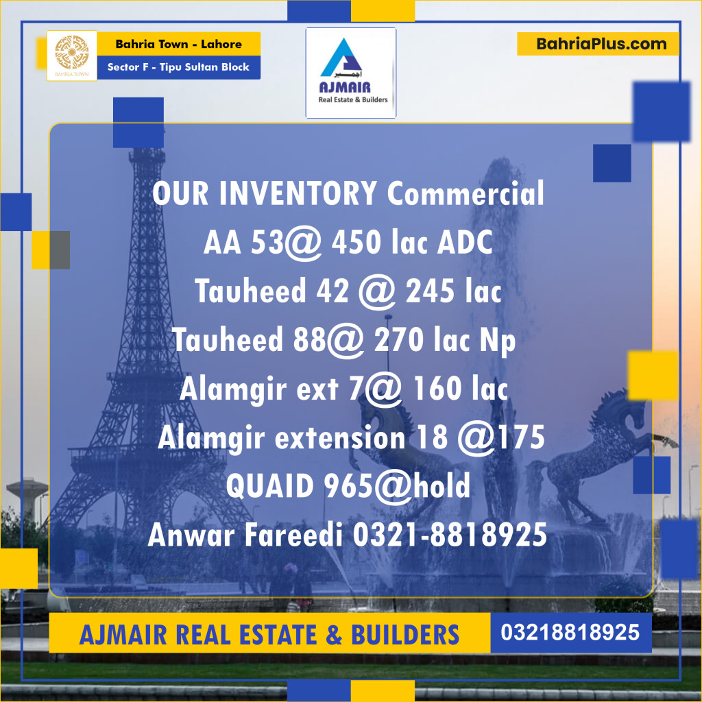 Residential Plot for Sale in Sector F - Tipu Sultan Block -  Bahria Town, Lahore - (BP-186826)