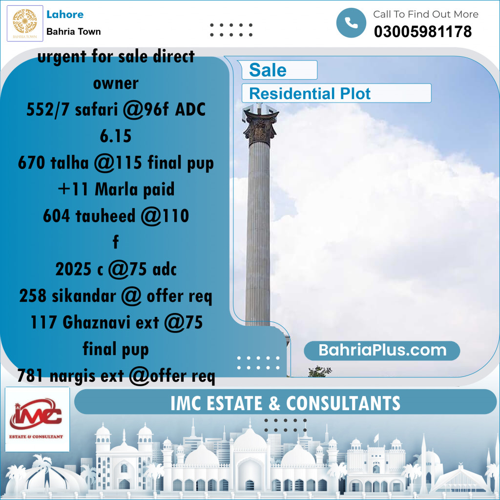 Residential Plot for Sale in Bahria Town, Lahore - (BP-186909)