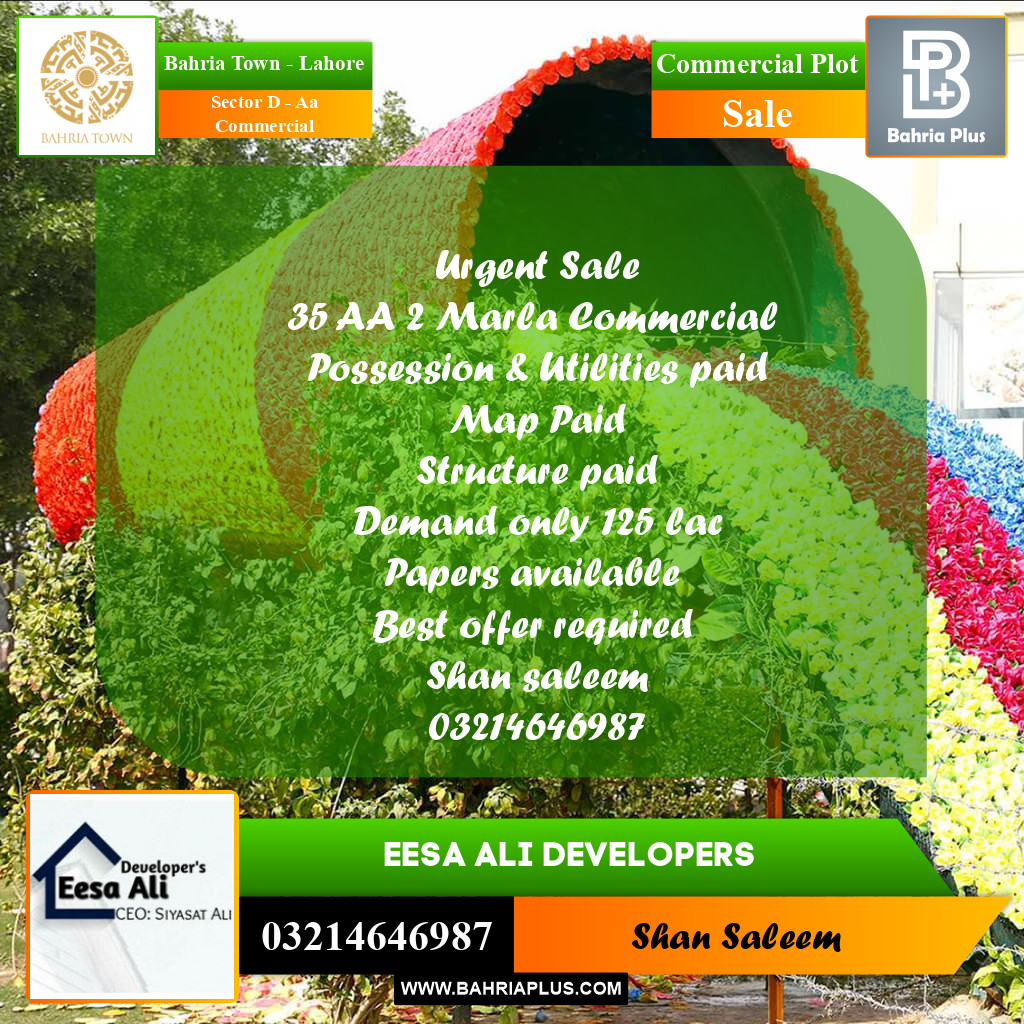 Commercial Plot for Sale in Sector D - AA Commercial - Bahria Town, Lahore - (BP-187221)