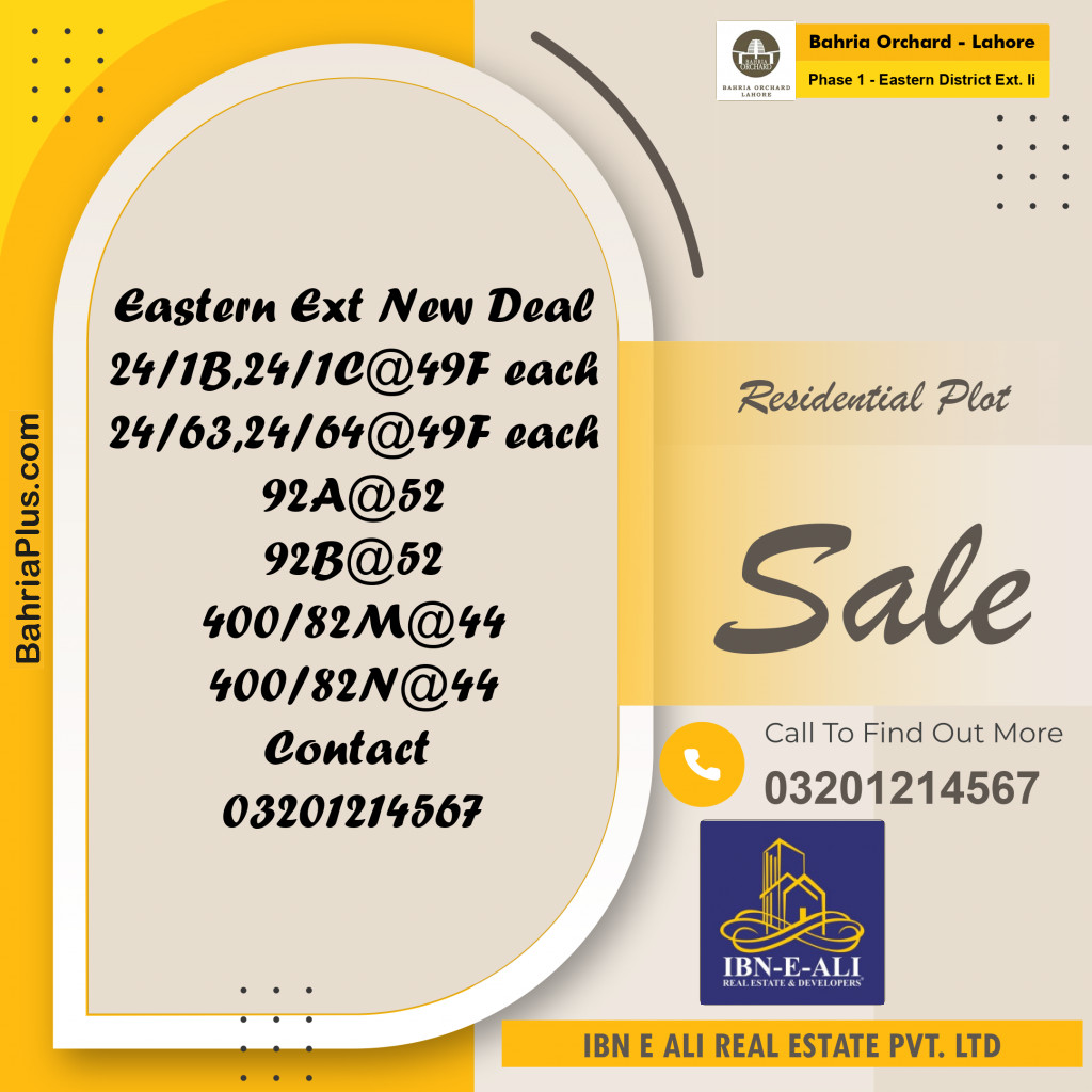Residential Plot for Sale in Phase 1 - Eastern District Ext. II - Bahria Orchard, Lahore - (BP-187251)
