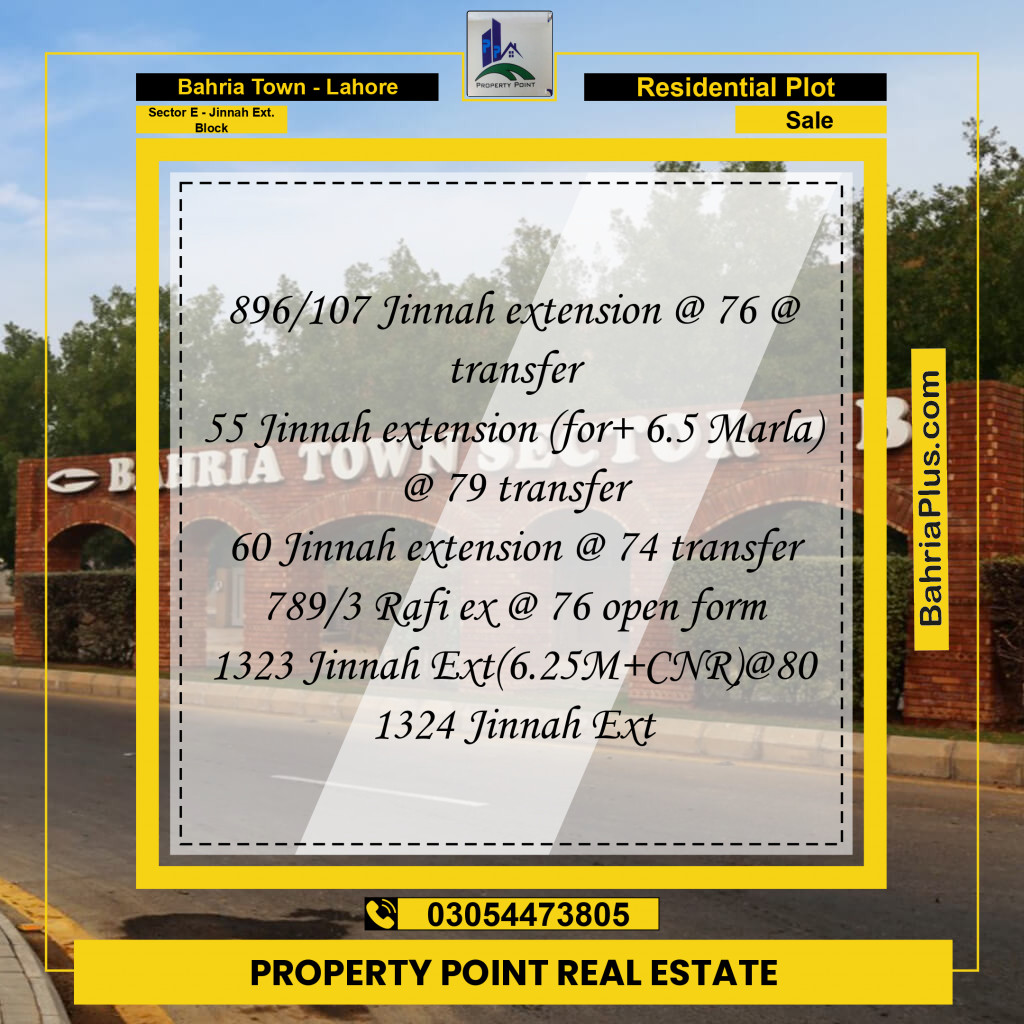 Residential Plot for Sale in Sector E - Jinnah Ext. Block -  Bahria Town, Lahore - (BP-187297)