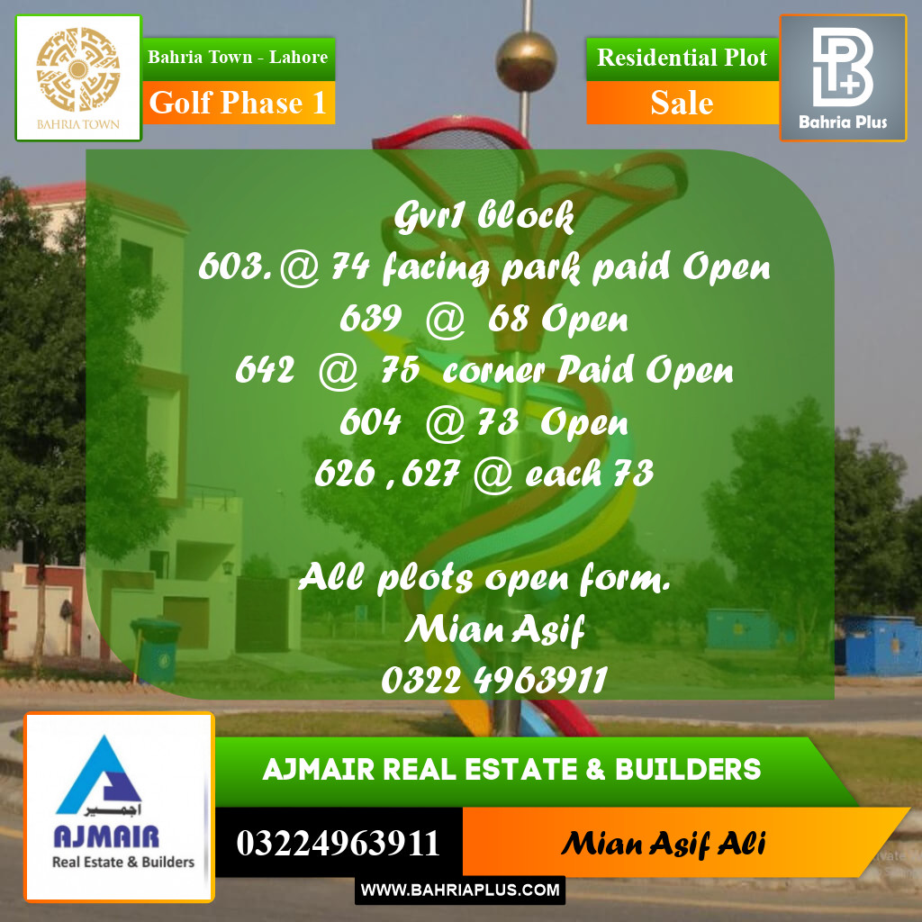 Residential Plot for Sale in Golf Phase 1 -  Bahria Town, Lahore - (BP-187413)