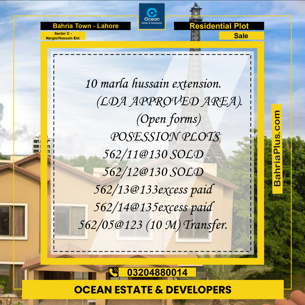 Residential Plot for Sale in Sector C - Nargis/Hussain Ext. -  Bahria Town, Lahore - (BP-187425)