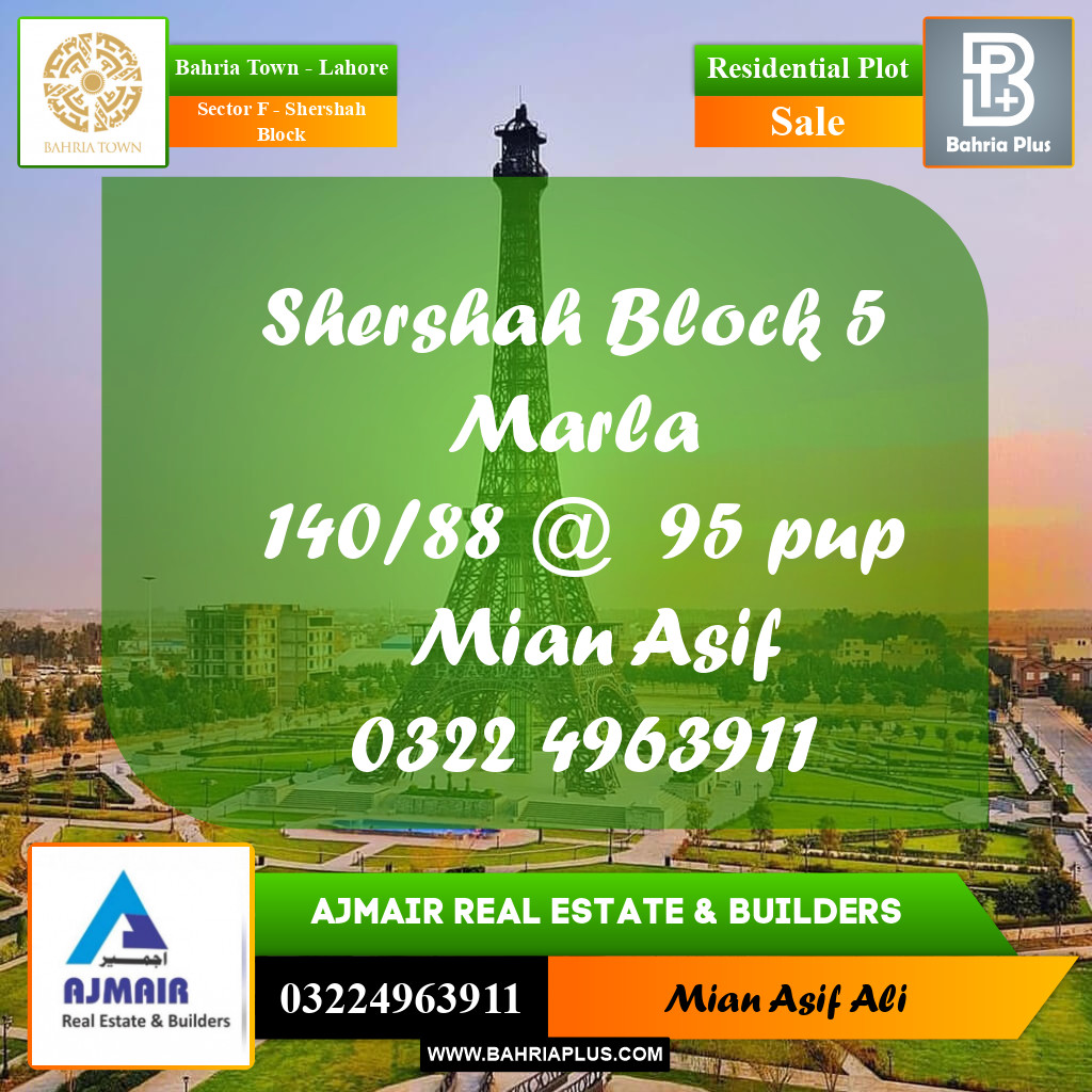 Residential Plot for Sale in Sector F - Shershah Block -  Bahria Town, Lahore - (BP-188043)
