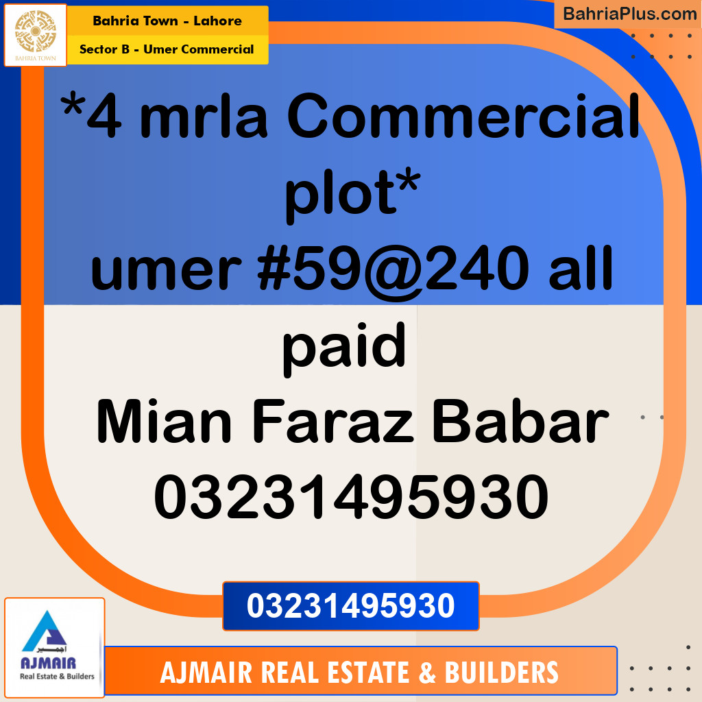 Commercial Plot for Sale in Sector B - Umer Commercial -  Bahria Town, Lahore - (BP-188126)