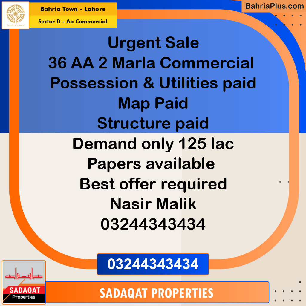 Commercial Plot for Sale in Sector D - AA Commercial - Bahria Town, Lahore - (BP-188396)