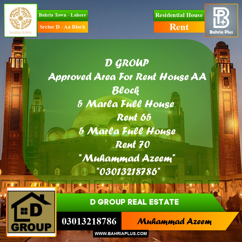 Residential House for Rent in Sector D - AA Block - Bahria Town, Lahore - (BP-188439)