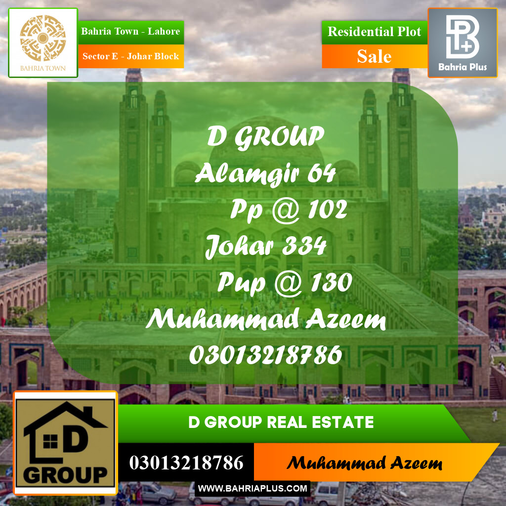 Residential Plot for Sale in Sector E - Johar Block -  Bahria Town, Lahore - (BP-188442)