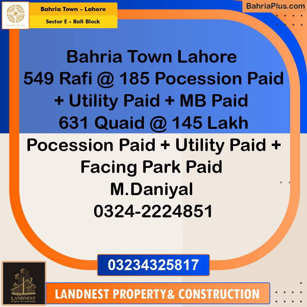 Residential Plot for Sale in Sector E - Rafi Block -  Bahria Town, Lahore - (BP-188469)