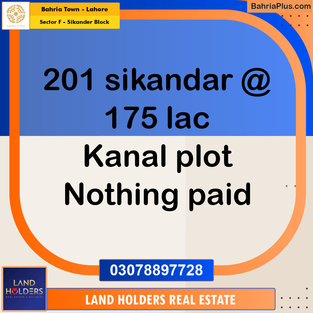 Residential Plot for Sale in Sector F - Sikander Block - Bahria Town, Lahore - (BP-188493)