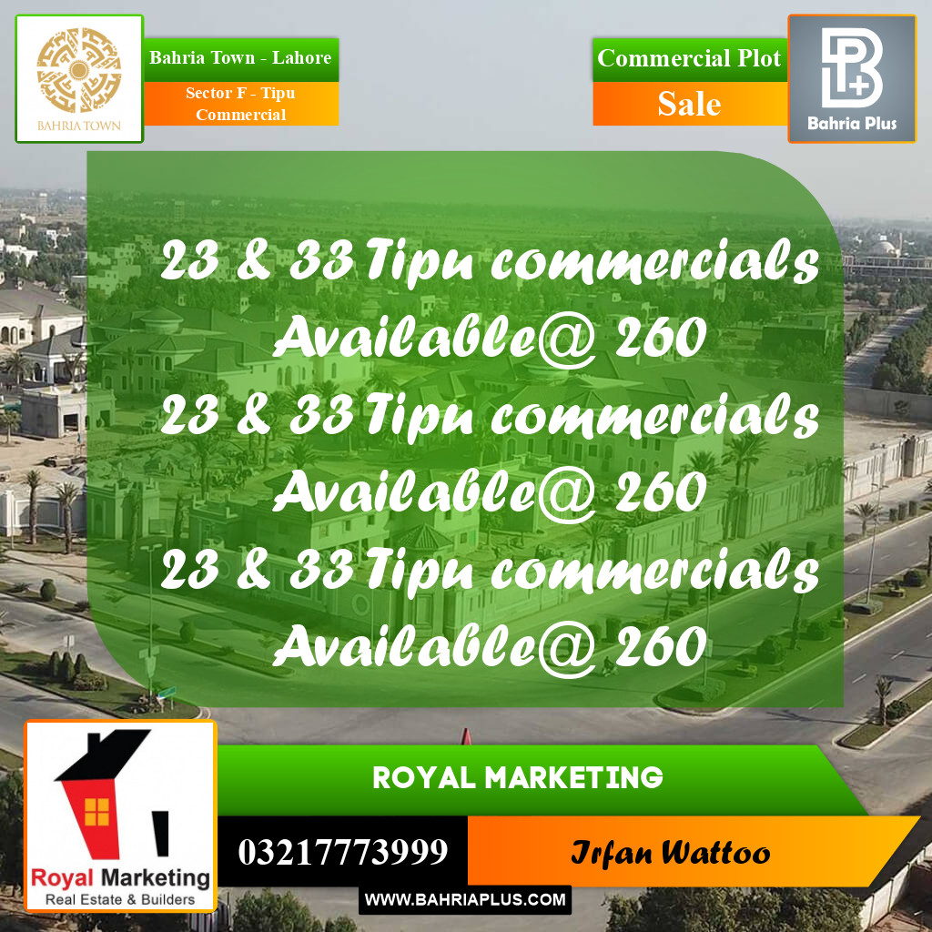 Commercial Plot for Sale in Sector F - Tipu Commercial -  Bahria Town, Lahore - (BP-189219)
