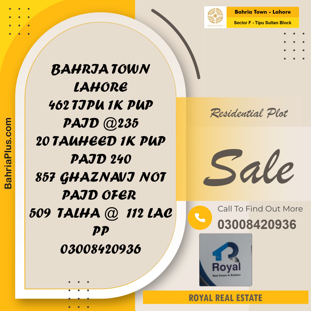 Residential Plot for Sale in Sector F - Tipu Sultan Block -  Bahria Town, Lahore - (BP-189463)