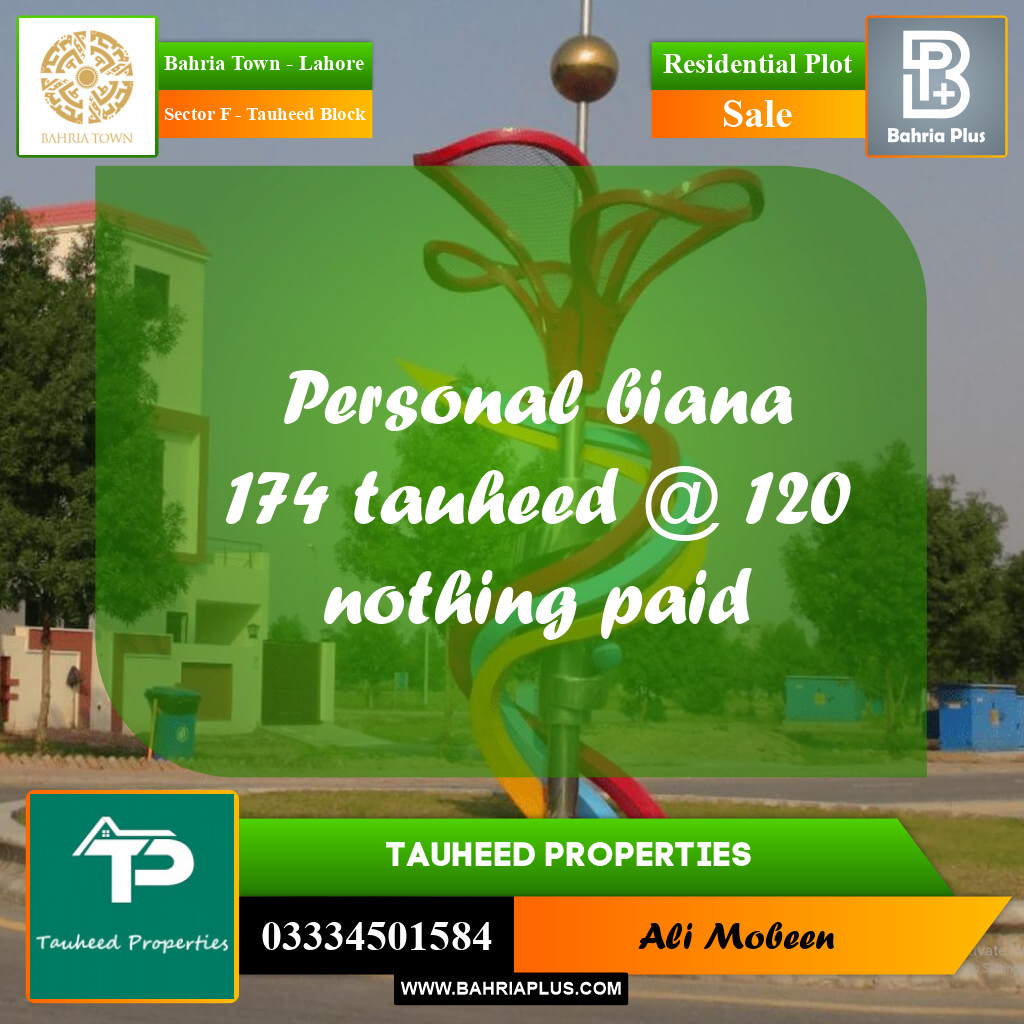 Residential Plot for Sale in Sector F - Tauheed Block -  Bahria Town, Lahore - (BP-189684)