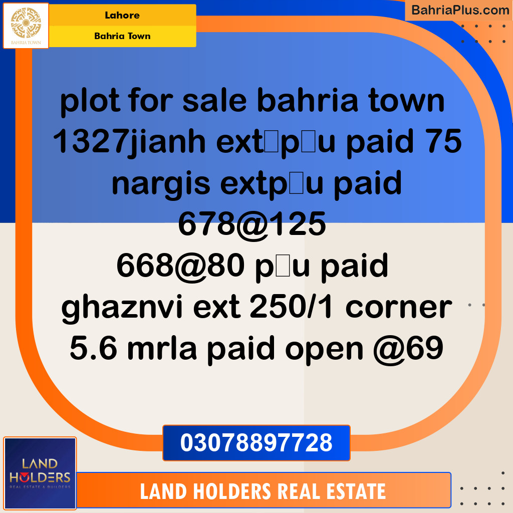 Residential Plot for Sale in Bahria Town, Lahore - (BP-189933)