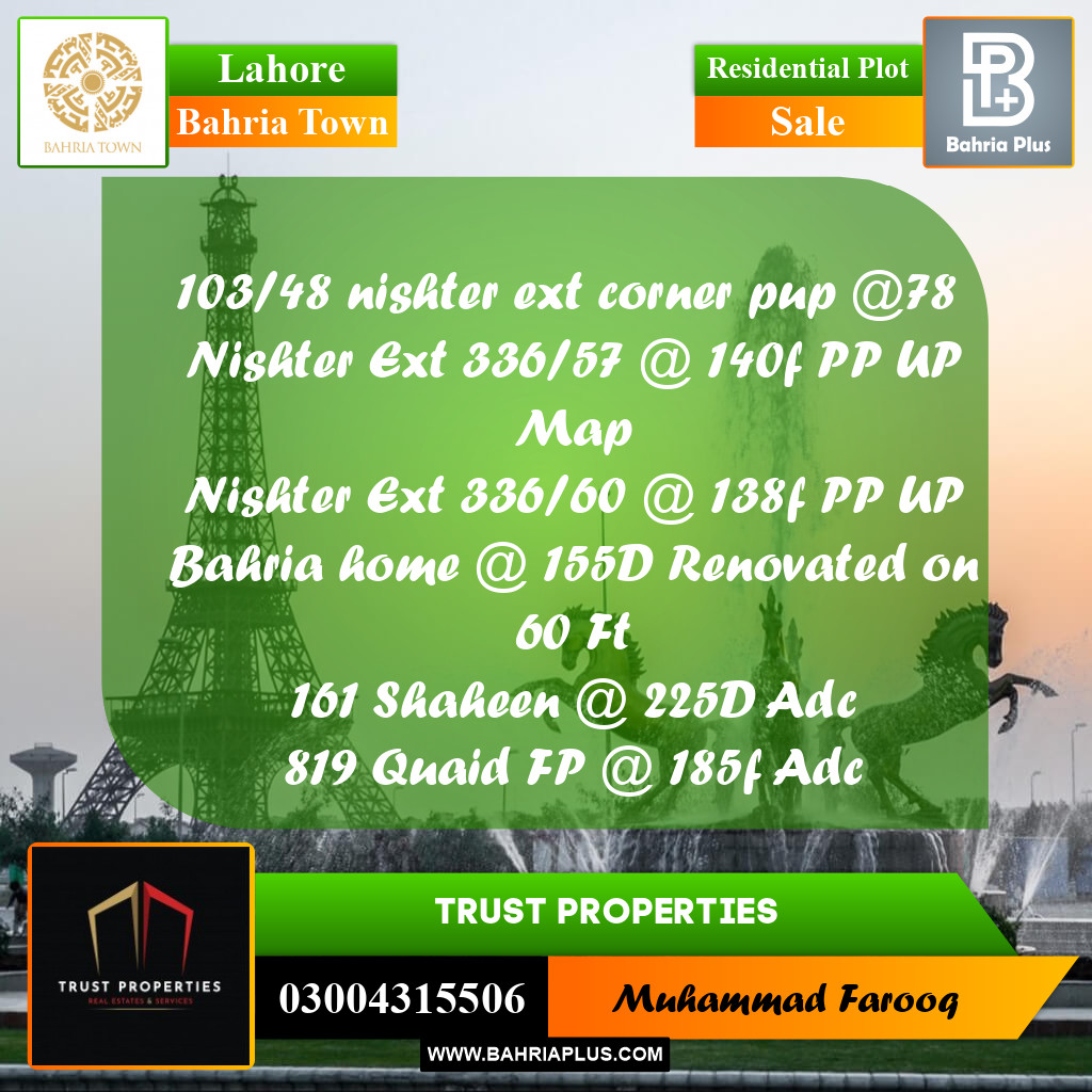 Residential Plot for Sale in Bahria Town, Lahore - (BP-190100)