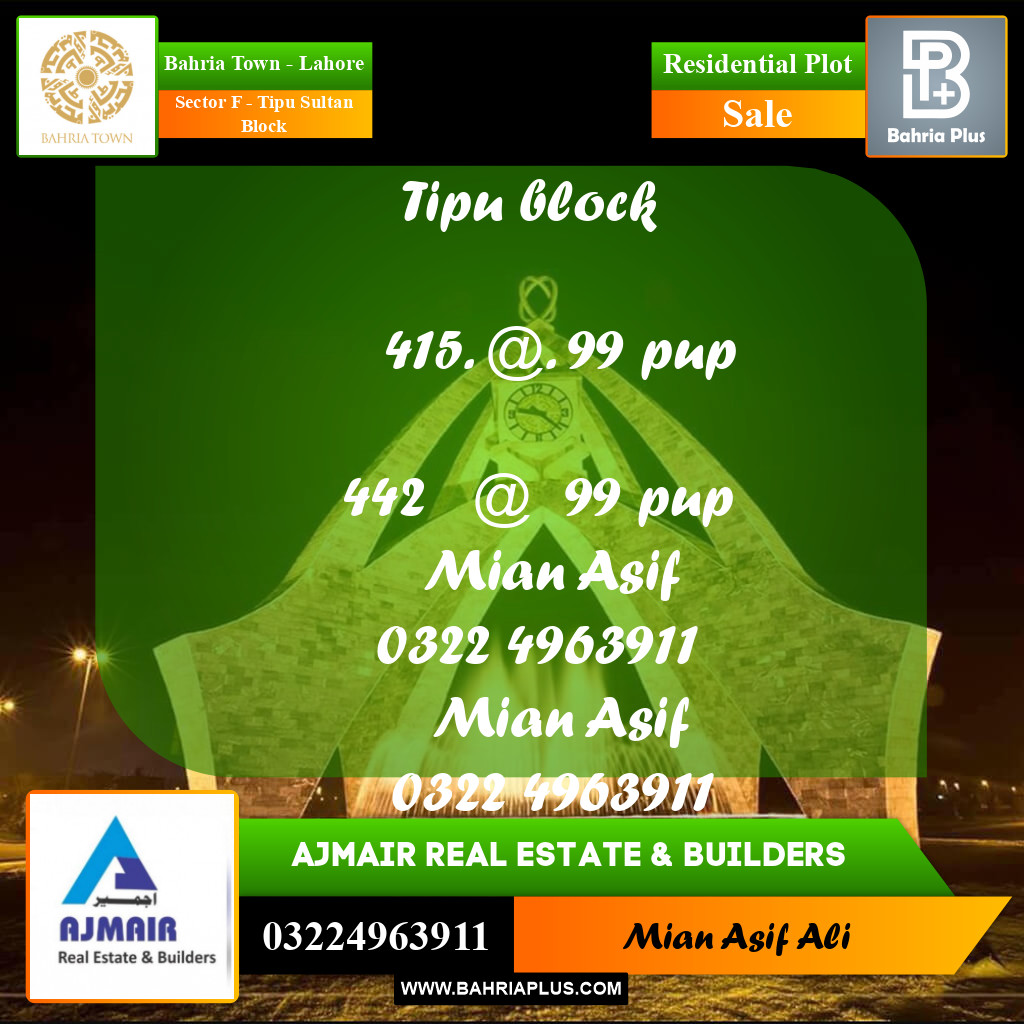 Residential Plot for Sale in Sector F - Tipu Sultan Block -  Bahria Town, Lahore - (BP-190211)
