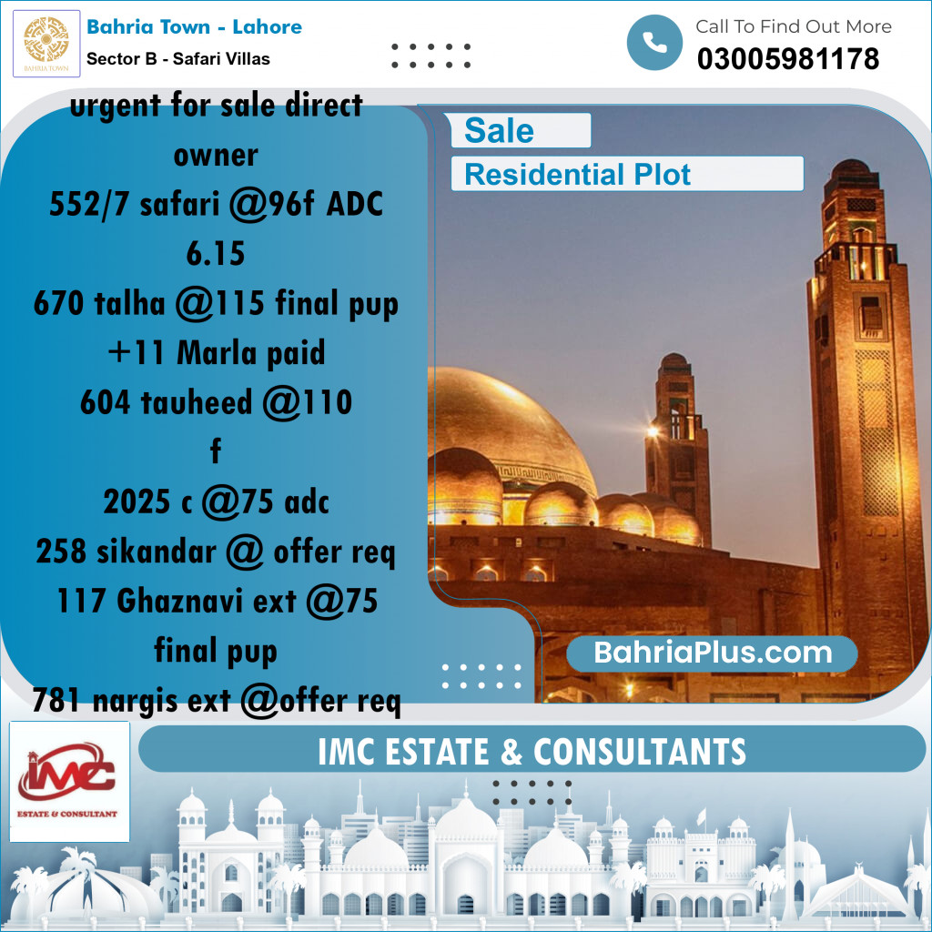 Residential Plot for Sale in Sector B - Safari Villas - Bahria Town, Lahore - (BP-190282)