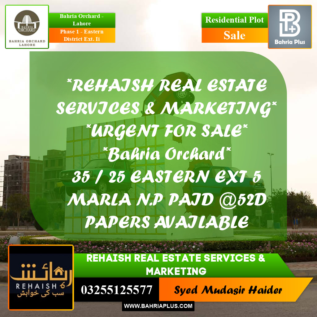 Residential Plot for Sale in Phase 1 - Eastern District Ext. II -  Bahria Orchard, Lahore - (BP-190285)