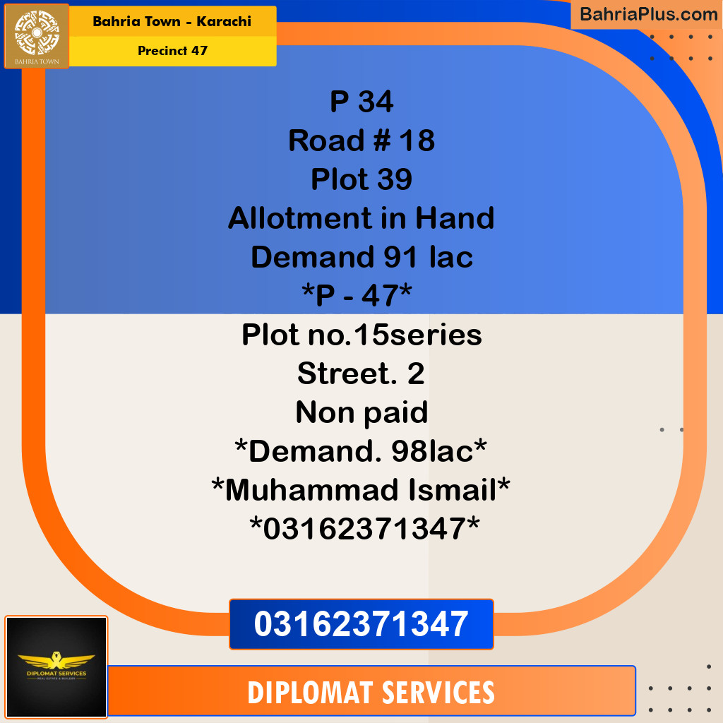 250 Sq. Yards Residential Plot for Sale in Precinct 47 -  Bahria Town, Karachi - (BP-190585)