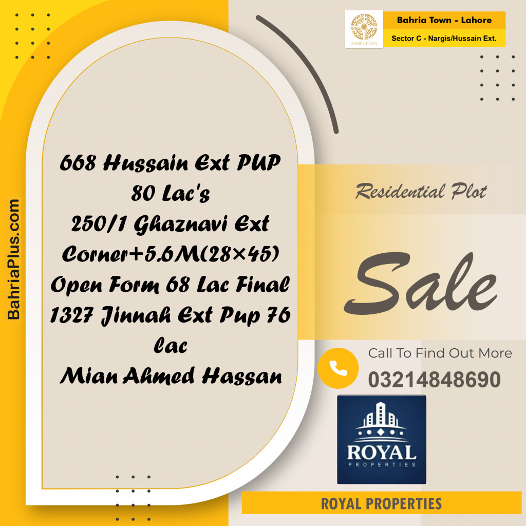 Residential Plot for Sale in Sector C - Nargis/Hussain Ext. -  Bahria Town, Lahore - (BP-190733)