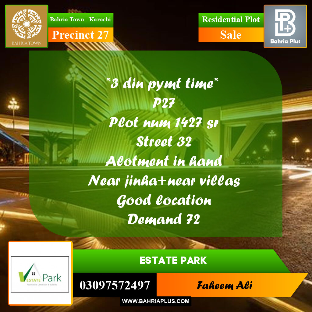 Residential Plot for Sale in Precinct 27 -  Bahria Town, Karachi - (BP-190887)