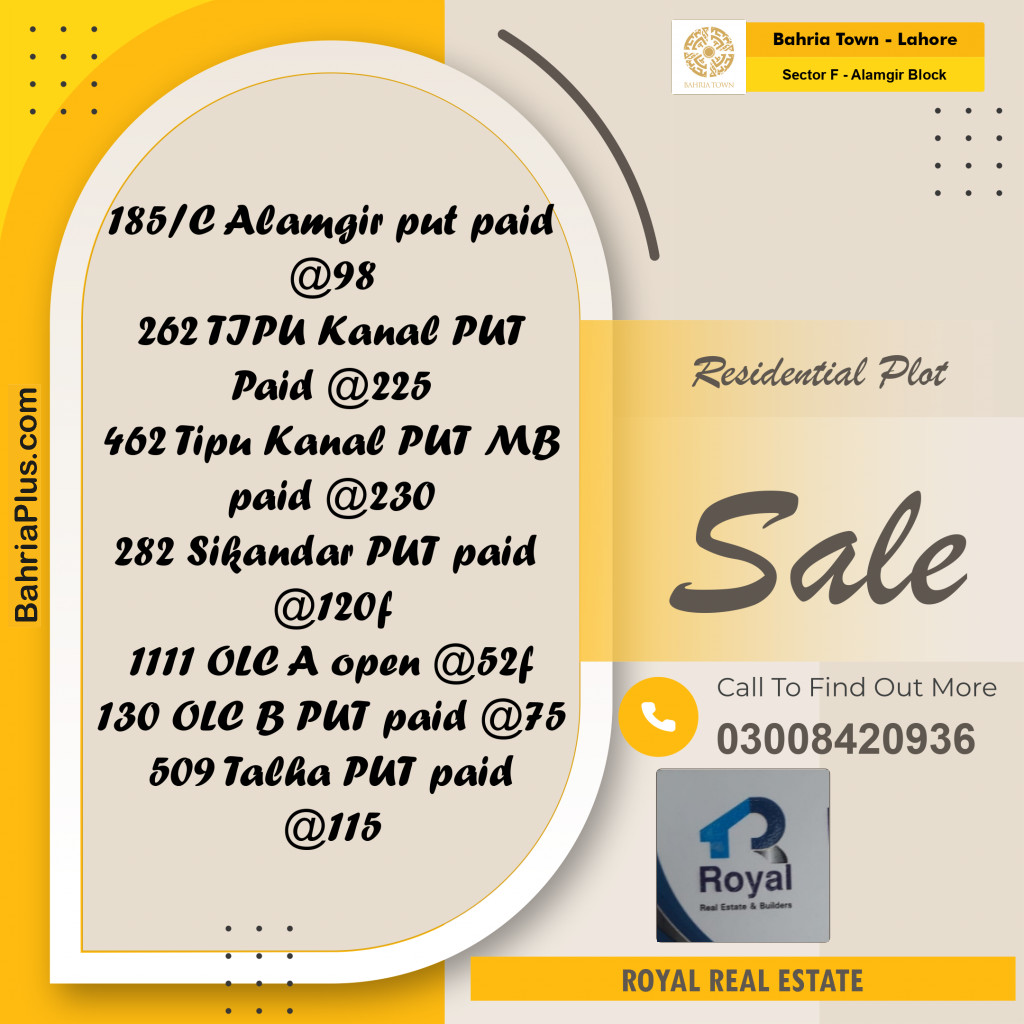 Residential Plot for Sale in Sector F - Alamgir Block -  Bahria Town, Lahore - (BP-190908)