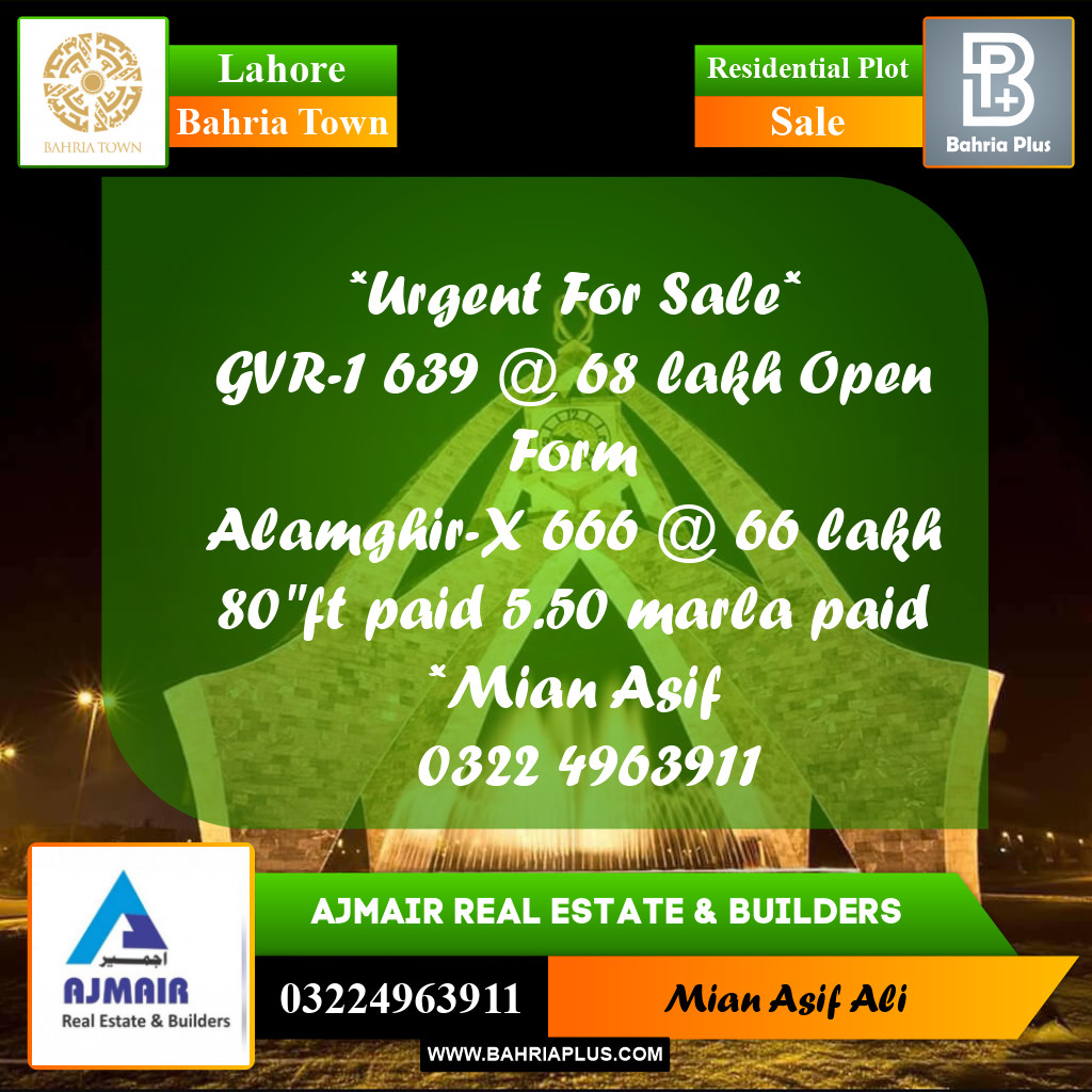 Residential Plot for Sale in Bahria Town, Lahore - (BP-190951)