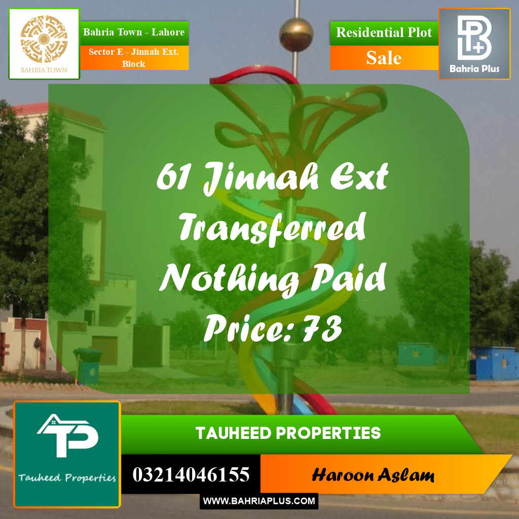 Residential Plot for Sale in Sector E - Jinnah Ext. Block -  Bahria Town, Lahore - (BP-191017)