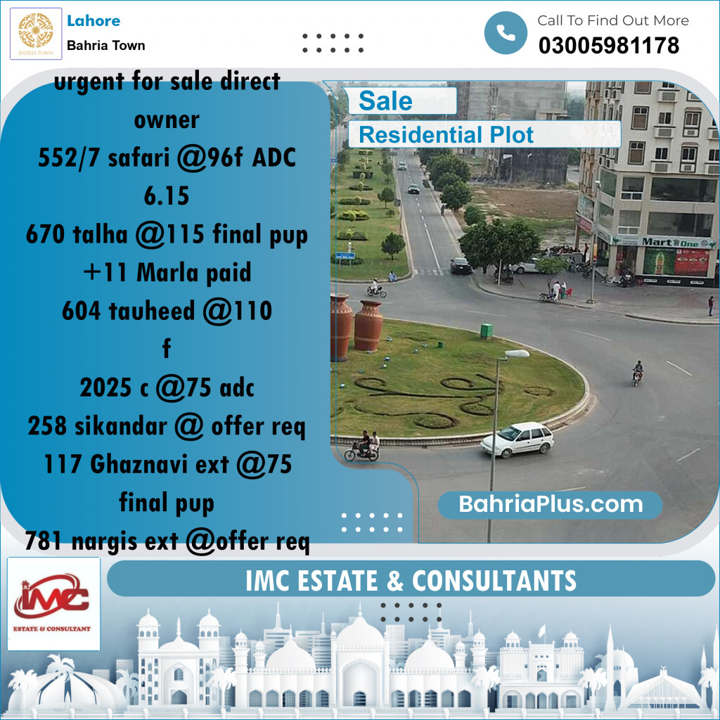 Residential Plot for Sale in Bahria Town, Lahore - (BP-191022)