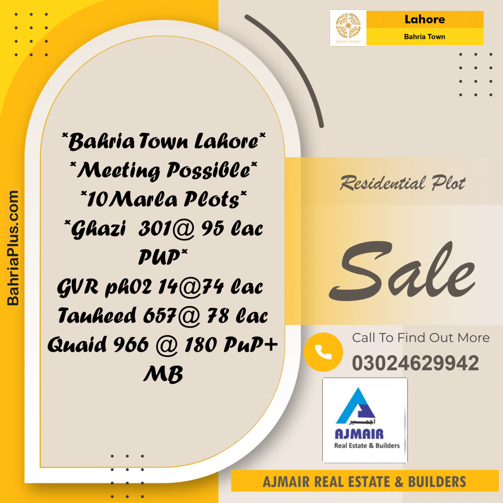 Residential Plot for Sale in Bahria Town, Lahore - (BP-191146)