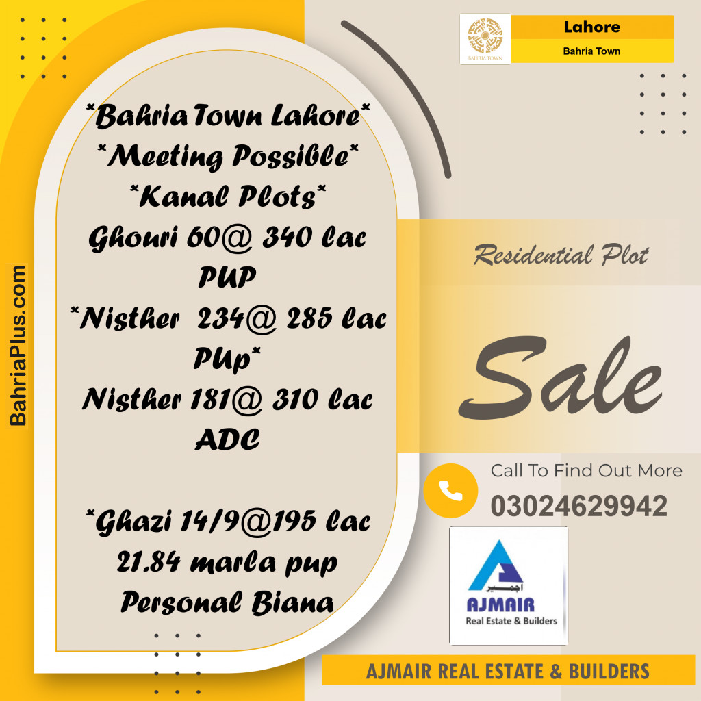 Residential Plot for Sale in Bahria Town, Lahore - (BP-191158)