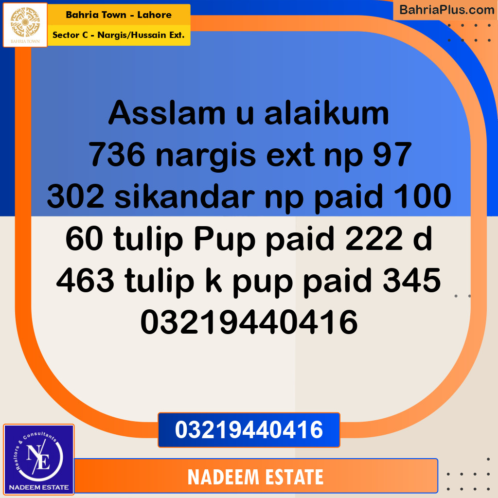 Residential Plot for Sale in Sector C - Nargis/Hussain Ext. -  Bahria Town, Lahore - (BP-191192)