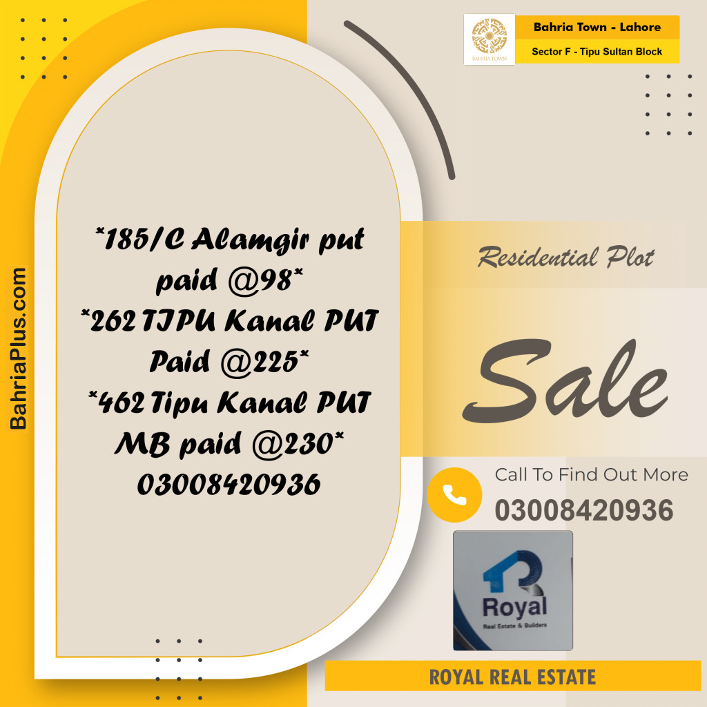 Residential Plot for Sale in Sector F - Tipu Sultan Block -  Bahria Town, Lahore - (BP-191466)