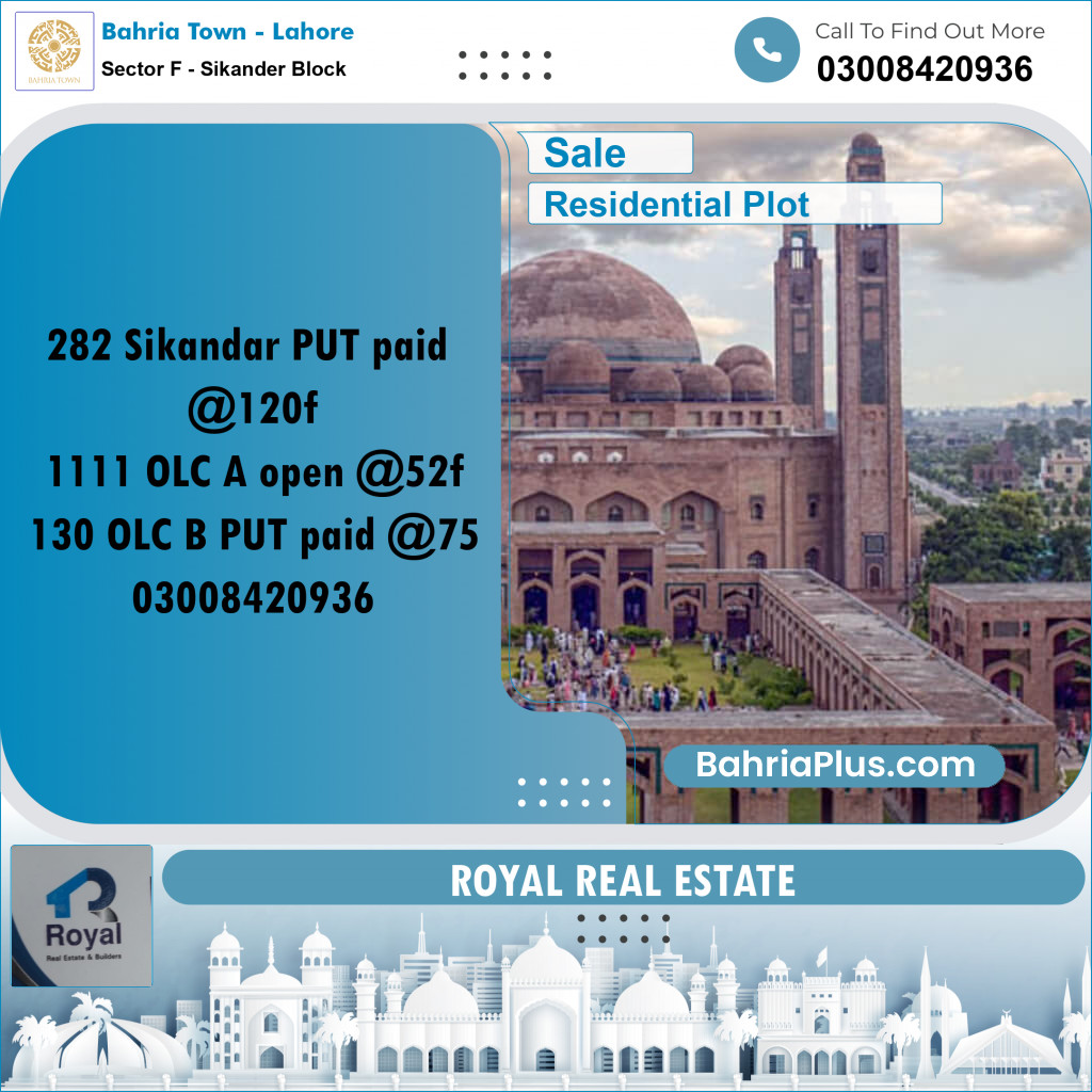 Residential Plot for Sale in Sector F - Sikander Block -  Bahria Town, Lahore - (BP-191467)