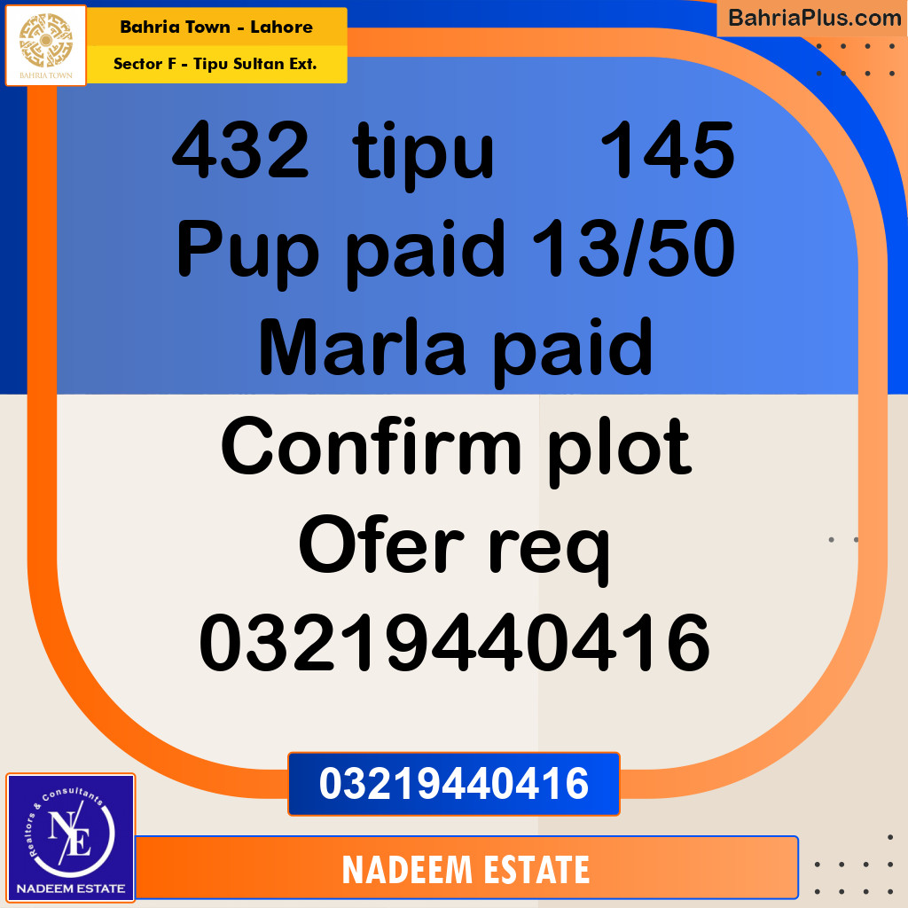 Residential Plot for Sale in Sector F - Tipu Sultan Ext. -  Bahria Town, Lahore - (BP-191513)