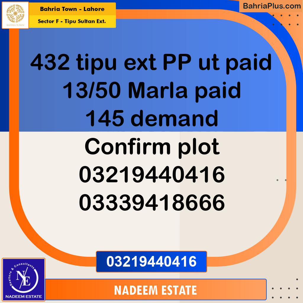 Residential Plot for Sale in Sector F - Tipu Sultan Ext. -  Bahria Town, Lahore - (BP-191514)