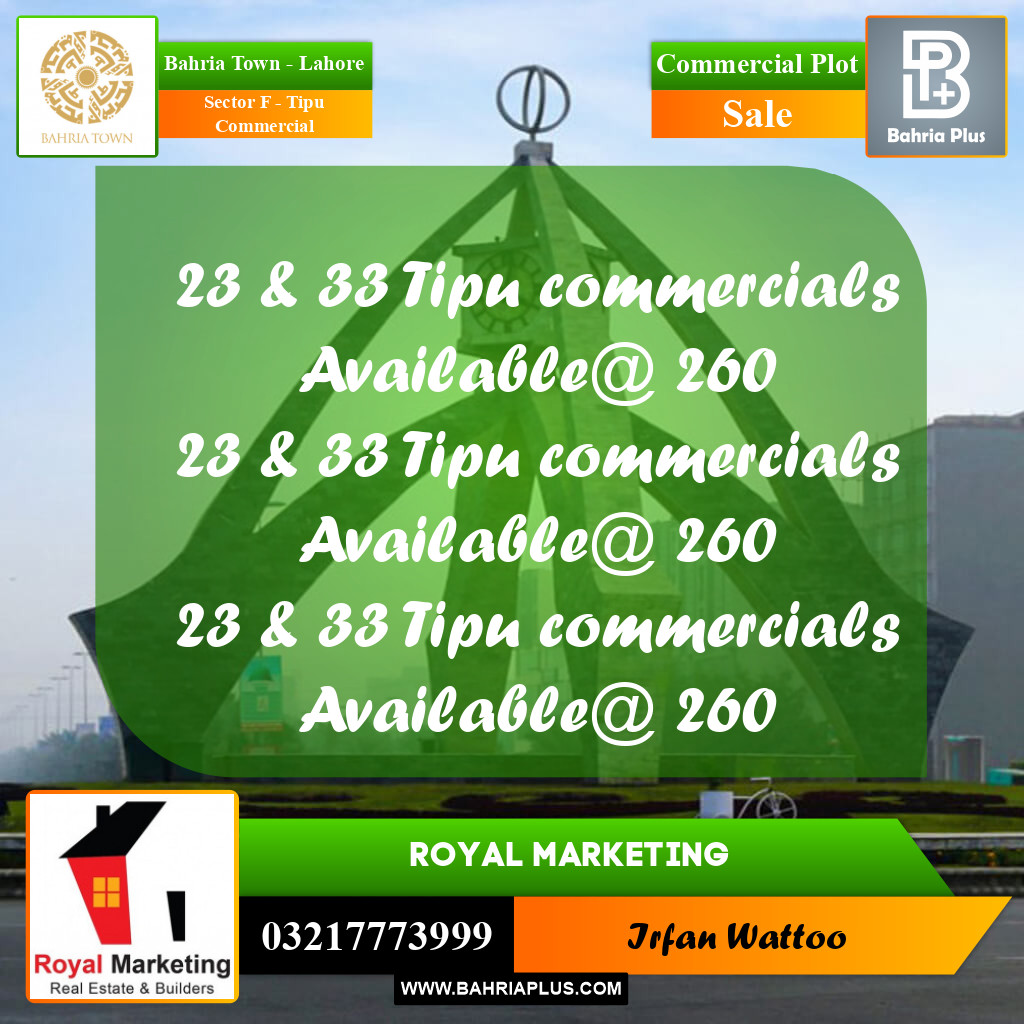 Commercial Plot for Sale in Sector F - Tipu Commercial -  Bahria Town, Lahore - (BP-191570)